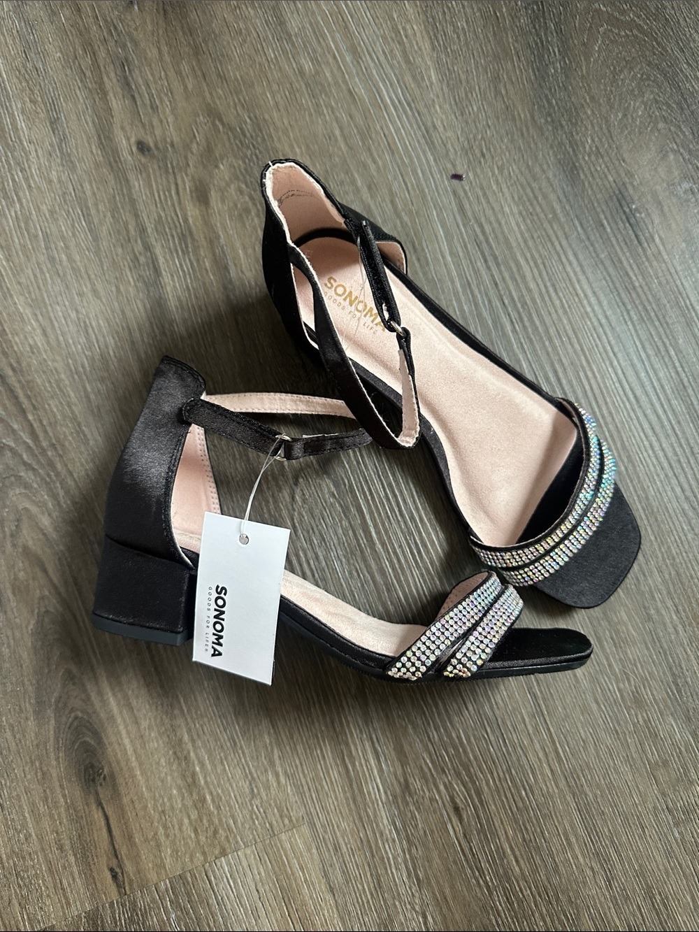 Sonoma Black Satin Block Heel Sandals with Rhinestone Straps size 2